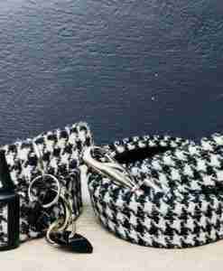 Scrufts Mono Harris Tweed Dogtooth Dog Collar and Lead with Velvet Lining