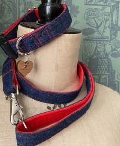 Scrufts Levi Denim Dog Collar and Lead with Red Velvet Lining